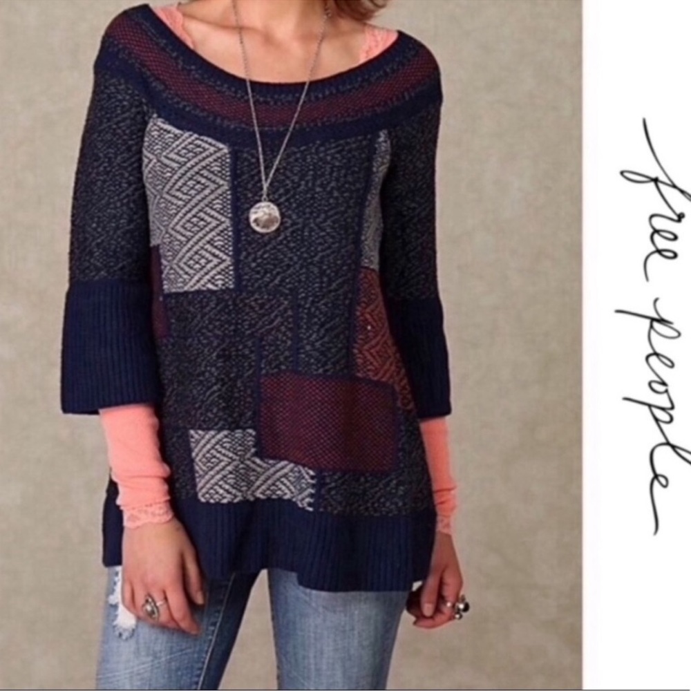 Free People Navy Blue Patchwork Tunic Sweater Size S